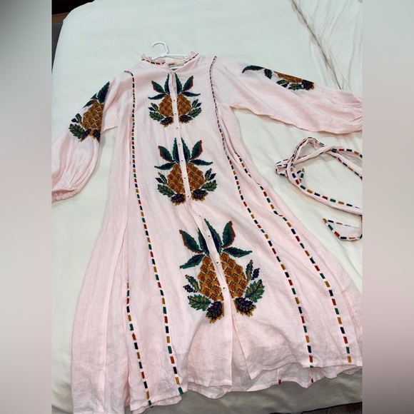 Farm Rio: Light Pink Cross Stitch Pineapple Embroidered Midi Dress - Picture 8 of 12